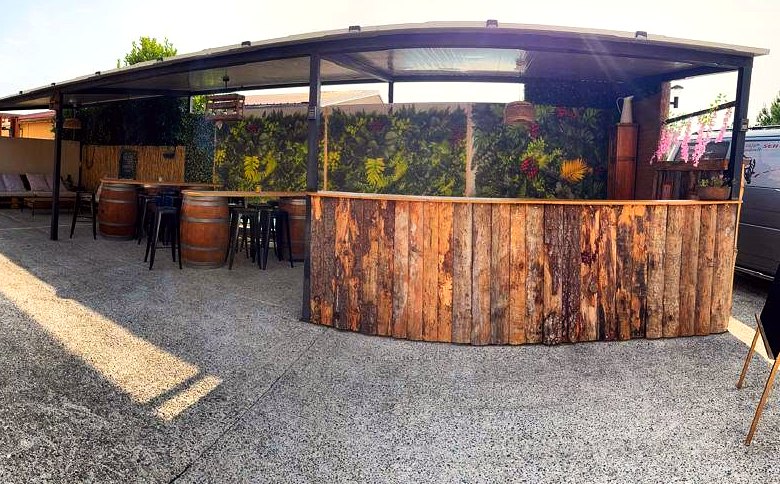 Le bar en bois de palettes et le mur végétal de la terrasse
