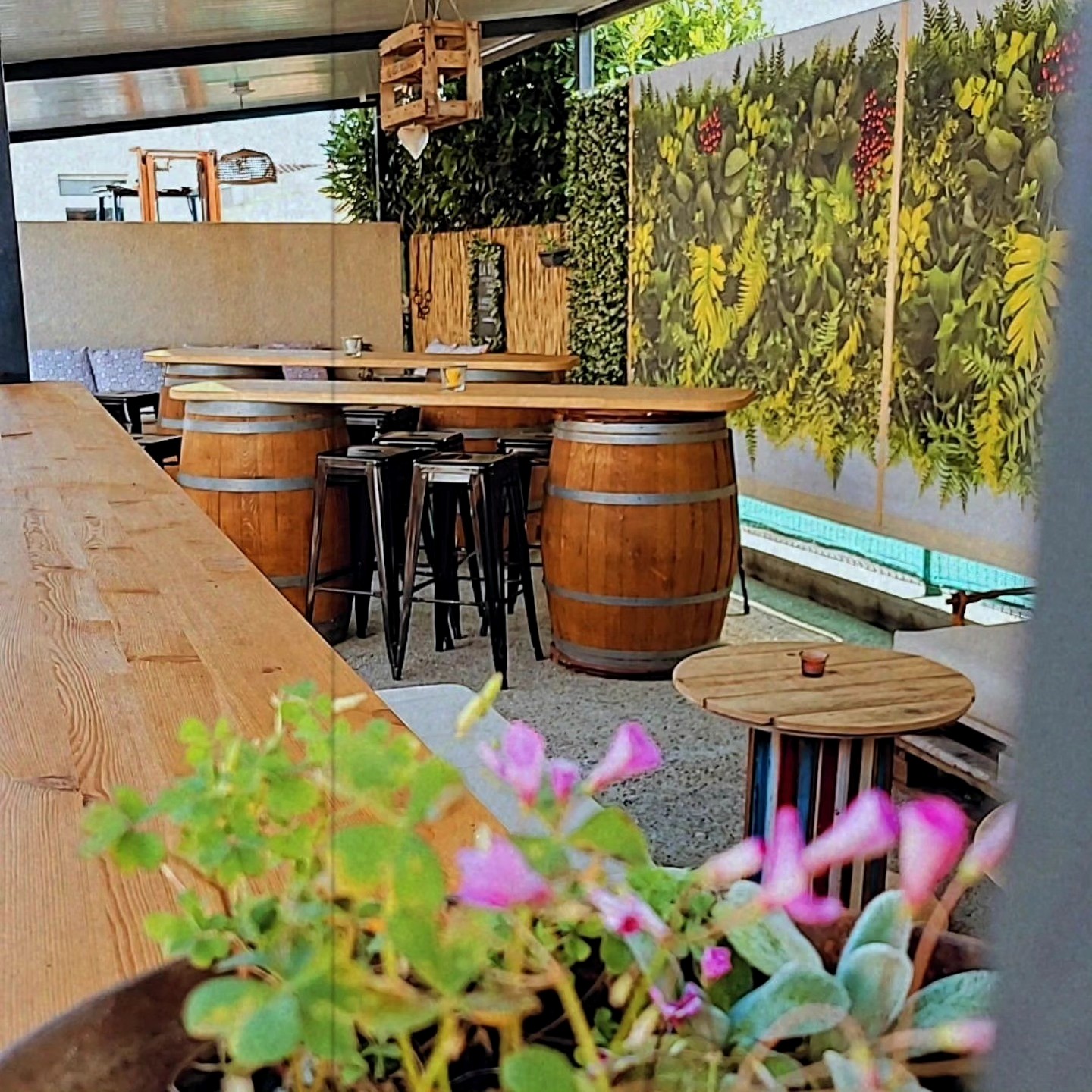 La terrasse couverte, tonneaux et mur végétal